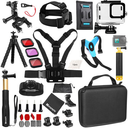 Picture of Hauyapie Accessories Kit Pack for Go pro 12 11 10 9 Hero Black, Waterproof Housing Case Backpack Shoulder Strap Mount Motorcycle Helmet Chin Mount Bundle for Gopro Hero12 11 10 9 Camera(YP01)