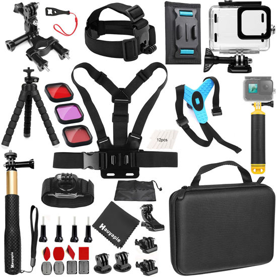 Picture of Hauyapie Accessories Kit Pack for Go pro 12 11 10 9 Hero Black, Waterproof Housing Case Backpack Shoulder Strap Mount Motorcycle Helmet Chin Mount Bundle for Gopro Hero12 11 10 9 Camera(YP01)