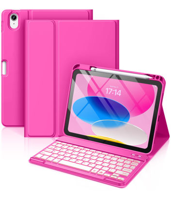 Picture of Hamile for iPad 10th Generation Case with Keyboard 10.9 Inch - 7 Colors Backlit Wireless Detachable Folio Keyboard Cover with Pencil Holder for New iPad 10th Gen 2022 (Hot Pink)