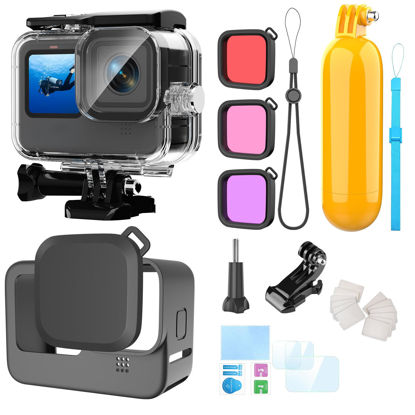 Picture of HONGDAK Waterproof Housing Case Accessories Kit for Gopro Hero 12 11 10 9 Black,196FT/60M Underwater Protective Housing Dive Kit with Float Handle Silicone Sleeve Lens Cap Filters Anti-Fog Inserts