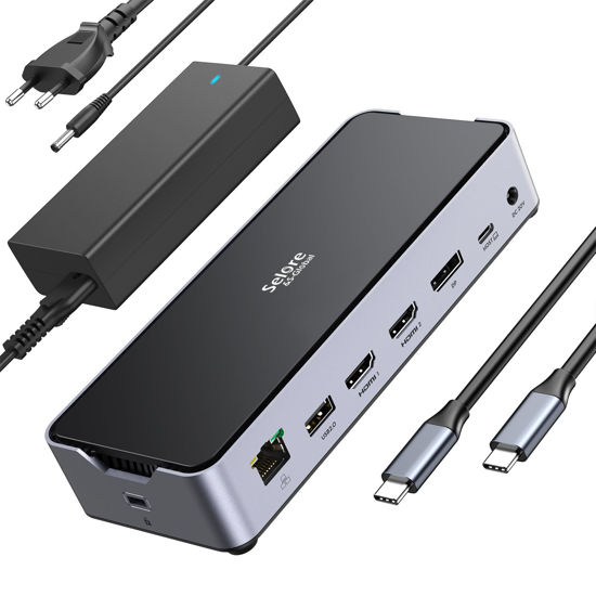 Picture of USB C Docking Station 3 Monitors Laptop USB C Dock Dual Monitor with 2 HDMI DisplayPort 4K144Hz,USB A 2.0/3.0,USB C 3.1 10Gbps&30W Output,Ethernet,MicroSD&SD,Audio&Mic,150W DC Power for Dell/Lenovo/HP