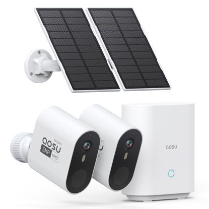 Picture of AOSU 3K/5MP Solar Security Cameras Wireless Outdoor, Ultra-Wide-Angle, Cam-to-Cam Track & Sync, Home Security System with Color Night Vision, Spotlight Smart Alarm, No Subscription, 2.4G & 5G WiFi