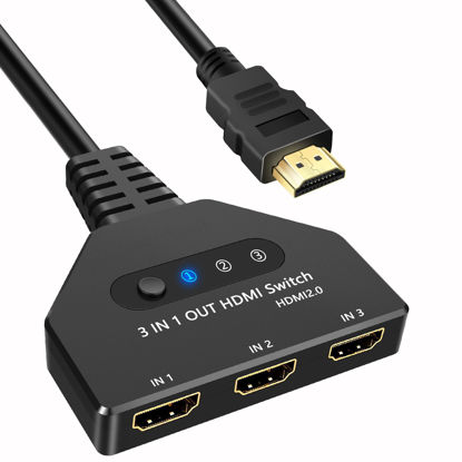 Picture of HDMI Switch 3 in 1 Out 4K@60Hz, HDMI Splitter Switcher with 1.4 FT HDMI 2.0 Cable, 3 Way HDMI Hub, Multi-Port HDMI Adapter Supports 3D, HDCP2.2, HDR Compatible with Laptop, Xbox, Blu-Ray Player, etc.