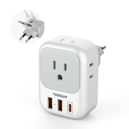 Picture of European Travel Plug Adapter USB C, TESSAN Europe Adapter with 4 Outlets and 3 USB(1 USB C PD 20W), Foldable Plug Type C Power Adaptor for US to Most of EU Spain France Italy Germany Portugal Iceland
