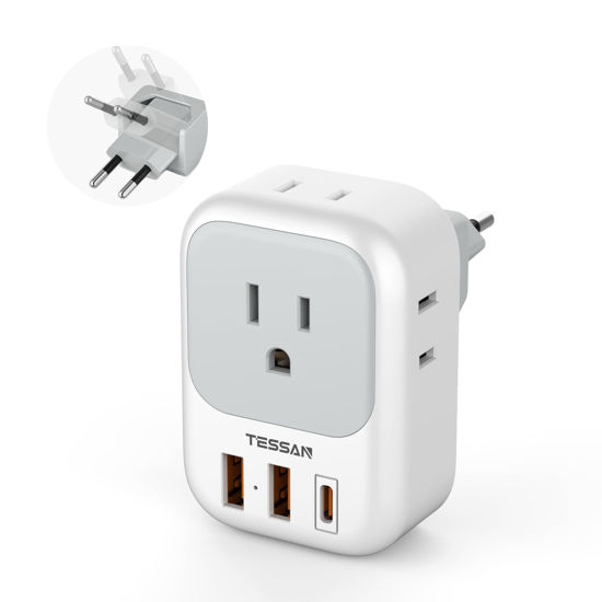 Picture of European Travel Plug Adapter USB C, TESSAN Europe Adapter with 4 Outlets and 3 USB(1 USB C PD 20W), Foldable Plug Type C Power Adaptor for US to Most of EU Spain France Italy Germany Portugal Iceland