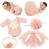 Picture of SPOKKI 4 PCS Newborn Photography Props Outfits-BabyTutu Skirt Cute Bow Headdress and Lace Rompers Flower Headband Sets for Infants Girl Boy