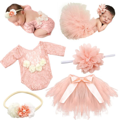 Picture of SPOKKI 4 PCS Newborn Photography Props Outfits-BabyTutu Skirt Cute Bow Headdress and Lace Rompers Flower Headband Sets for Infants Girl Boy