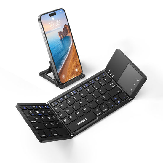 Picture of Samsers Foldable Bluetooth Keyboard with Touchpad - Portable Wireless Keyboard with Holder, Rechargeable Full Size Ultra Slim Pocket Folding Keyboard for Android Windows iOS Tablet & Laptop - Black