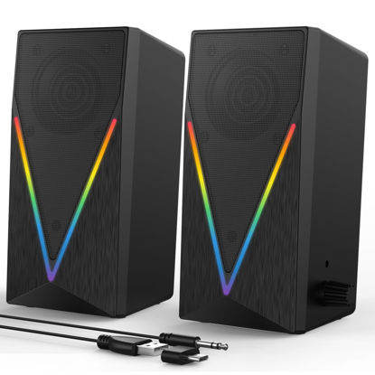 Picture of Computer Speakers, Desktop Speakers with 6 Colorful RGB Lights, Headphone Jack, Enhanced Bass and Volume Control, PC Speakers USB Powered & 3.5mm Aux Gaming Speakers for Laptop Monitor PC Tablet Phone
