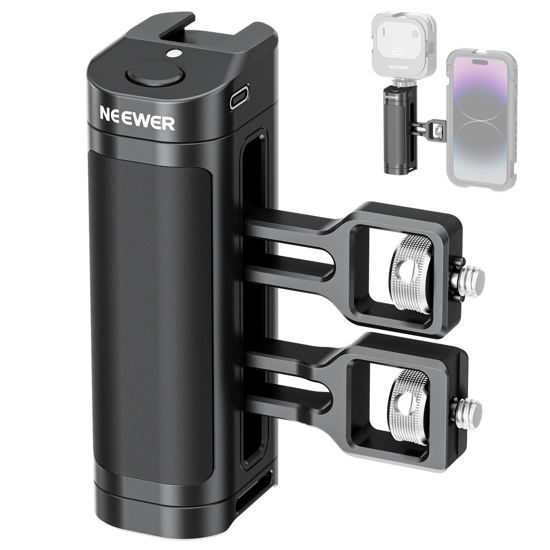 Picture of NEEWER Side Handle Grip with Wireless Remote Control Button Shutter Trigger for Smartphone Cage Video Rig, 2 Mount Adapters with 1/4" Screws & Locating Pins, Compatible with SmallRig Cages, PA005E