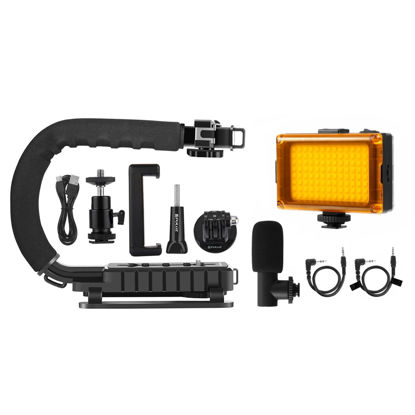 Picture of PULUZ U/C Shape Portable Handheld Bracket Stabilizer Kits Handle Grip + LED Studio Light + Video Microphone Kit with Cold Shoe Tripod Head for All SLR Cameras and Home DV Camera Smartphones