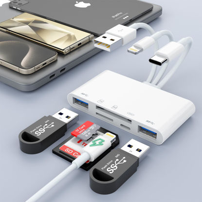 Picture of 5-in-3 SD Card Reader for iPhone iPad with USB A & Charging Port, Lightning + USB A + USB C to SD Memory Card Reader for iPhone/iPad/Android/MacBook/PC/Tablet/Camera/Hard Disk/Flash Drive