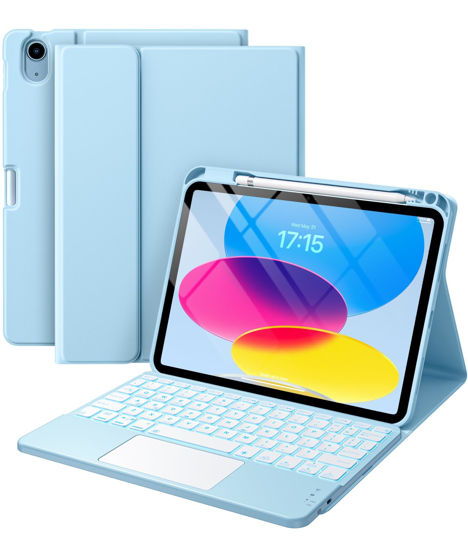 Picture of Harvopu Compatible for iPad 10th Generation Case with Keyboard (10.9", 2022), Keyboard Cover with Pencil Holder, Multi-Touch Trackpad, 7 Color Backlit, Detachable Keyboard for iPad 10 Gen (Sky Blue)