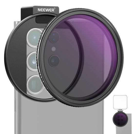 Picture of NEEWER 67mm Clip On Variable ND2-32 Phone Lens Filter Kit, Phone Clip w/Threaded Adapter Ring/Cold Shoe/Locking Knob, Variable ND Filter for iPhone 16 15 Pro Max Plus 14 13 Galaxy S22 S23 S24 Ultra
