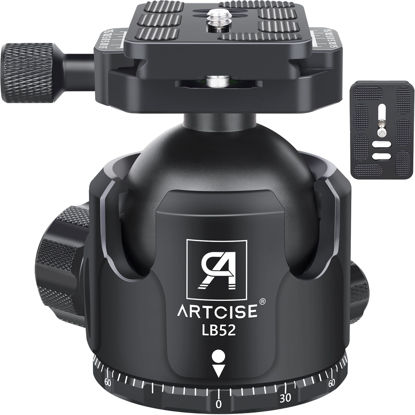 Picture of 52mm Low Profile Ball Head Tripod Mount Ball Head ARTCISE All Metal CNC Machining with Two 1/4" Quick Release Plates for Tripod, Monopod, DSLR, Camcorder，Max Load 66lbs /30kg（All Black）