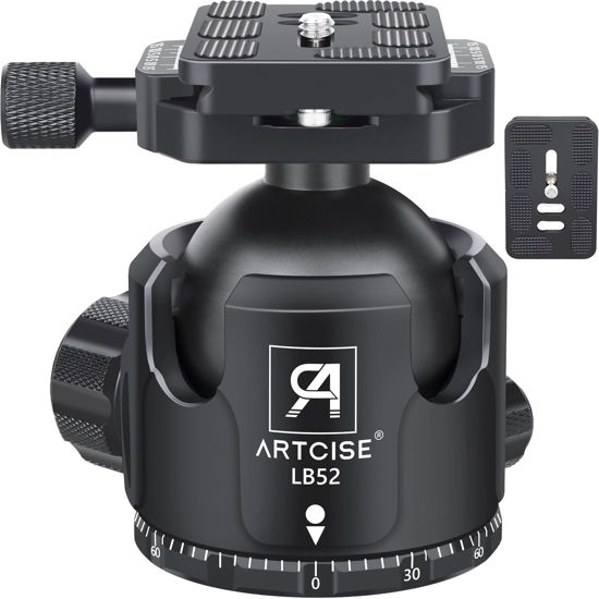 Picture of 52mm Low Profile Ball Head Tripod Mount Ball Head ARTCISE All Metal CNC Machining with Two 1/4" Quick Release Plates for Tripod, Monopod, DSLR, Camcorder，Max Load 66lbs /30kg（All Black）