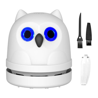 Picture of Desk Vacuum Cleaner Mini Desktop Vacuum Owl Crumb Vacuum Cleaner USB Charging With Vacuum Nozzle Cleaning Brush, Potable Table Mini Vacuum Cleaner for Cleaning Hairs, Crumbs, Computer Keyboard (White)