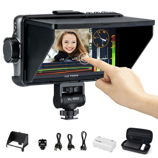 Picture of VILTROX DC-550 Pro Touchscreen Camera Field Monitor 4K HDMI (5.5 Inch) DSLR Camera Monitor with Battery Sunshade Hood 3D Lut Peaking Focus Assist 1200 nits 160° Wide View Angle DC 12V Type-C 5V in