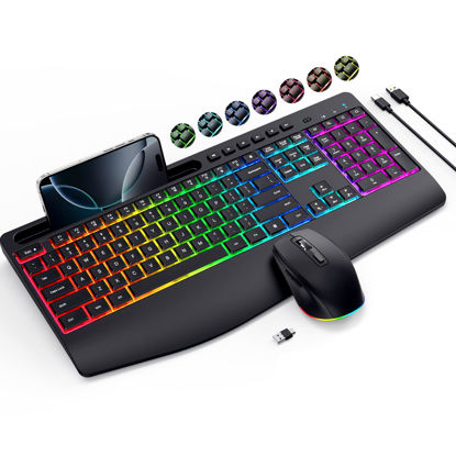 Picture of Wireless Keyboard and Mouse Combo- VEILZOR 2.4G Rechargeable Keyboard with Phone Holder, Ergonomic Wrist Rest, 9 RGB Backlit Effects, Silent Keyboard Mouse Set for Windows, Laptop, PC