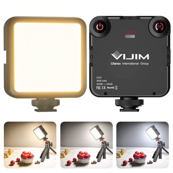 Picture of VIJIM LED Video Light, VL81 On Camera Light with 3 Cold Shoe Rechargeable 3000mAh Battery Bicolor Dimmable 3200K-5600K CRI95+ Portable Photography Photo Lighting Panel for YouTube DSLR Camcorder Vlog