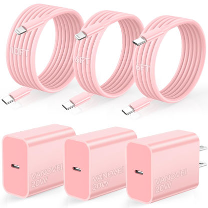 Picture of for iPhone Charging Fast Charger 10FT&6FT&6FT, 3Pack 20W USB C Charger Block with USB C to Lightning Cable 6FT&10FT and USB C to USB C Cable 6FT Compatible with iPhone 16/15/14/13/12/11/Samsumg Pink