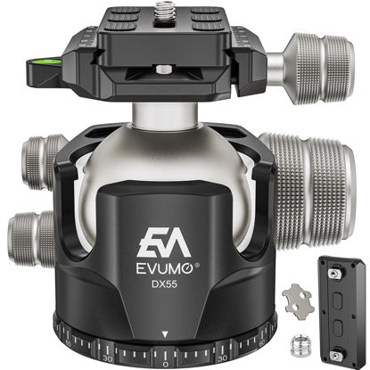Picture of EVUMO DX55 Ball Head, 55mm Low Profile Heavy Duty CNC Panoramic Tripod Ball Head Mount with Mlok Arca Swiss Quick Release Plate for Camera Tripod Monopod DSLR Camcorder Telescope, Max Load 88lb/40kg