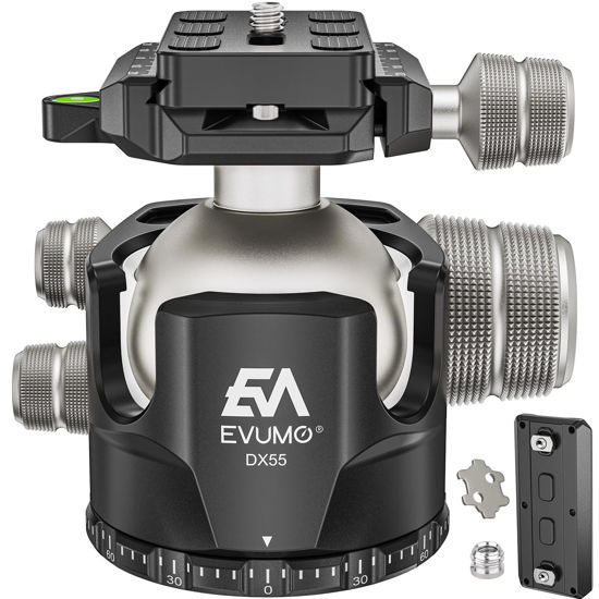 Picture of EVUMO DX55 Ball Head, 55mm Low Profile Heavy Duty CNC Panoramic Tripod Ball Head Mount with Mlok Arca Swiss Quick Release Plate for Camera Tripod Monopod DSLR Camcorder Telescope, Max Load 88lb/40kg