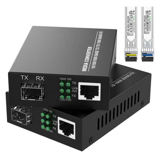 Picture of Pair of 1.25G BiDi Gigabit Single-Mode Fiber Ethernet Media Converters with 2Pack BiDi SFP LC Modules, 10/100/1000Base-TX to 1000Base-LX, 1310nm/1550nm, Up to 30KM, SMF, 2 Pack