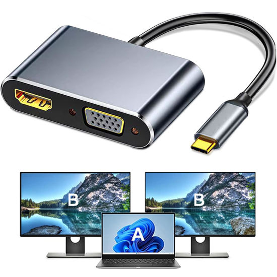 Picture of AKWOR USB C to HDMI+VGA Adapter for Dual Monitor, USB C to VGA USB-C Thunderbolt 3/4 to HDMI Adapter 2 in 1, 4K UHD Display Video Converter Compatible with MacBook, XPS, ASUS, iPhone 16/15, More