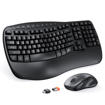 Picture of MEETION New Ergonomic Keyboard and Mouse Wireless Combo, Wave Keys Natural Typing, 2.4G Wireless Keyboard Full Size with Wrist Rest, 4 Adjustable DPI Wireless Mouse, Computer/Laptop/Windows/Mac, Black