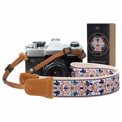 Picture of Padwa Lifestyle Camera Strap - 1.5" Crazy Horse Cowhide Head Cotton Strap,Vintage Embroidery Camera Straps for Photographers and All Cameras,Cute Adjustable Shoulder Neck Strap for Adults & Kids