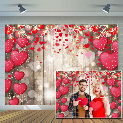Picture of CYLYH 7x5ft Valentine's Day Backdrop Rustic Wood Backdrop Red Love Heart Valentine's Day Backdrops Photography Mother's Day Backdrops Party Bridal Shower Kid Birthday Party Decor Banner