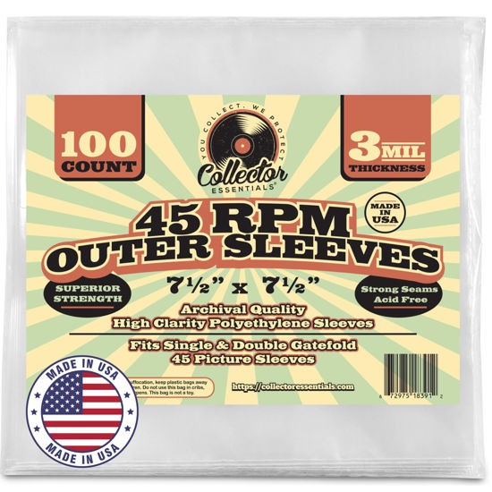 Picture of COLLECTOR ESSENTIALS YOU COLLECT, WE PROTECT 100-Pack 45 RPM Vinyl Record Outer Sleeves - Clear 3 Mil Polyethylene, American-Made, Small 7 Inch Protective Storage Bags