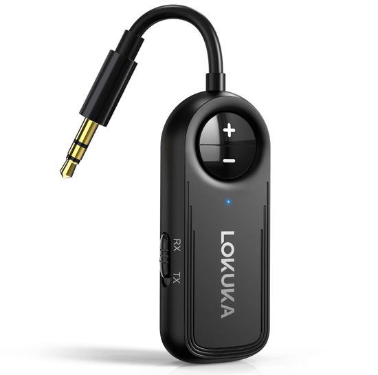 Picture of LOKUKA Bluetooth 5.3 Transmitter Receiver, 2-in-1 3.5mm Aux Audio Wireless Transmitter for Airplane, TV, PC, Gym, Tablets, PS4, Bluetooth Audio Receiver for Car, Headphones, Speaker, Amp - Black