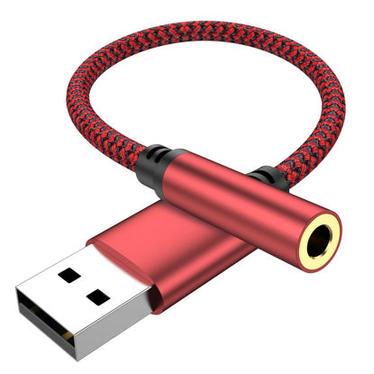 Picture of USB to Aux External Sound Card.Aux to USB,USB to 3.5mm Jack Audio Adapter,USB to 3.5mm TRRS Female Headset for PS4/PS5/Headphone/Mac/Linux/Laptop/Desktops/Docking Station(Red)