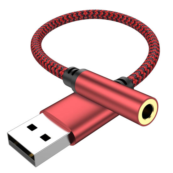 Picture of USB to Aux External Sound Card.Aux to USB,USB to 3.5mm Jack Audio Adapter,USB to 3.5mm TRRS Female Headset for PS4/PS5/Headphone/Mac/Linux/Laptop/Desktops/Docking Station(Red)