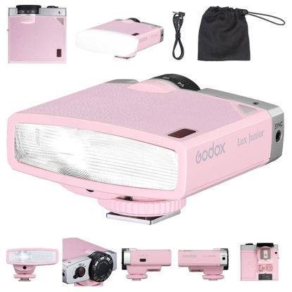 Picture of Godox Lux Junior Retro Camera Flash with Diffuser, Speedlite GN12 6000K±200K CCT, Automatic and Manual Modes 1/1-1/64 Flash Power, 28mm Focal Length for Canon Nikon Sony Fuji Olympus Cameras - Pink