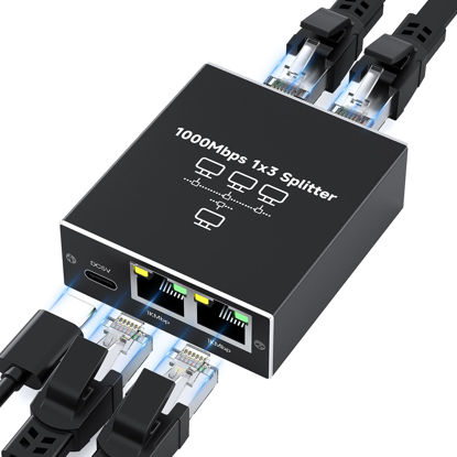 Picture of Ethernet Spltter 1 to 3, gliship 1000Mbps High Speed Gigabit Ethernet Splitter Network Splitter with USB Power Cable, RJ45 LAN Splitter Adapter Internet Splitter for Cat 5/5e/6/7/8 Cable