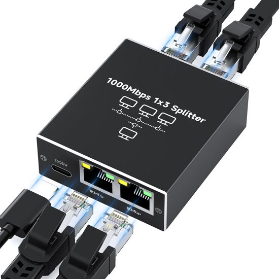 Picture of Ethernet Spltter 1 to 3, gliship 1000Mbps High Speed Gigabit Ethernet Splitter Network Splitter with USB Power Cable, RJ45 LAN Splitter Adapter Internet Splitter for Cat 5/5e/6/7/8 Cable