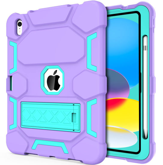 Picture of CCMAO for iPad 10th Generation Case 10.9 Inch 2022, iPad 10 Case with Kickstand & Pencil Holder, Heavy Duty Shockproof Hybrid Three Layer Protective Cover for Girls Women, Purple+Green