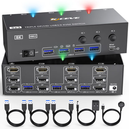 Picture of 8K KVM Switch 3 Monitors 3 Computers HDMI + DisplayPort, KCEVE USB 3.0 DP KVM Switcher, 8K@30Hz/4k@144Hz Triple Monitor DP KVM for 3 PC Share 3 Display and 4 USB 3.0 Devices
