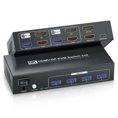 Picture of 8K@60Hz 4K@120Hz HDMI + Displayport KVM Switch 2 Monitors 2 Computers, USB 3.0 Dual Monitor HDMI + DP KVM Switch for 2 PCs Share 2 Monitors and 4 USB 3.0 for Keyboard, Mouse, Printer and More