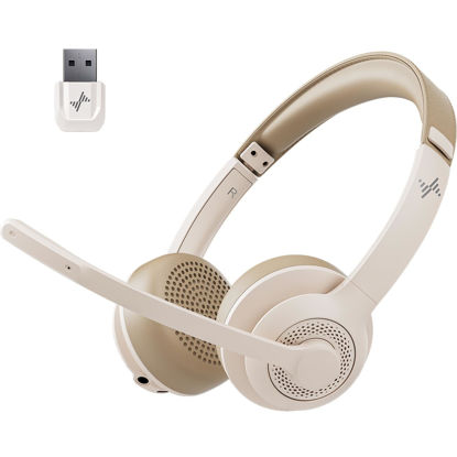 Picture of JIAMQISHI Wireless Headset with AI Noise Cancelling Microphone Bluetooth Headset - Bluetooth V5.2 Headphones with Mic Mute for Computer/Laptop/PC/iPhone/Android/Cell Phones/Zoom/Ms Teams/Skype-White