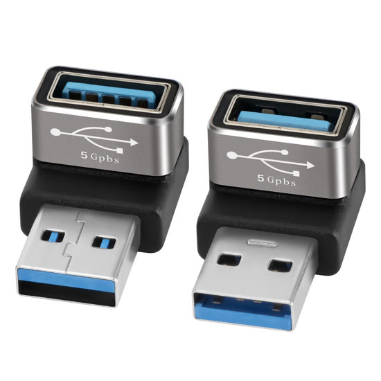 Picture of 90 Degree USB 3.0 Adapter 2 Pack, Up and Down Right Angle USB A Male to Female Connector Converter USB L Shape Extender, Support Charge & Data Sync for PC, Laptop, Mouse, Keyboard, USB A Charger