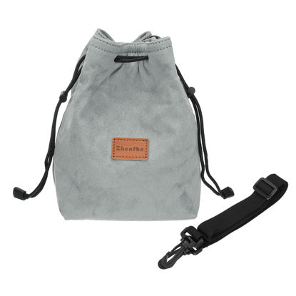 Picture of PATIKIL Camera Lens Pouch, S Size Drawstring Lens Case Flannel Camera Lens Handbag Camera Bag with Adjustable Shoulder Strap for DSLR Camera Lens, Grey