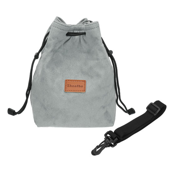 Picture of PATIKIL Camera Lens Pouch, L Size Drawstring Lens Case Flannel Camera Lens Handbag Camera Bag with Adjustable Shoulder Strap for DSLR Camera Lens, Grey