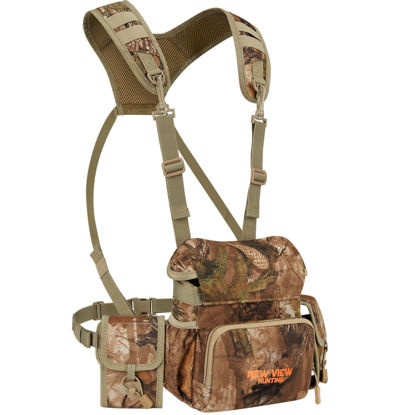 Picture of NEW VIEW Binocular Harness Chest Pack with Detachable Rangefinder Pouch, Adjustable Bino Harness & Rain Cover, Ideal for Hunting, Hiking - Camo & Quiet L