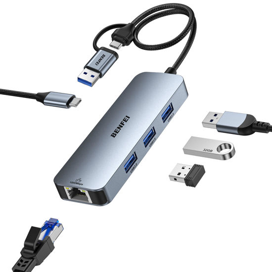 Picture of BENFEI USB-C USB 3.0 to Gigabit Ethernet Adapter, 3-Port USB 3.0 Hub with RJ45 Compatible with MacBook Pro/Air 2023, iPad Pro, iMac, S23, XPS 17, Surface Book 3 and More