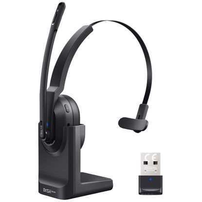 Picture of EKSA Bluetooth Headset with Microphone, Wireless Headset with AI Noise Cancelling, 45 Hours Playtime, Trucker Headset with USB Dongle & Charging Base for Work PC Home Office Trucker Call Center