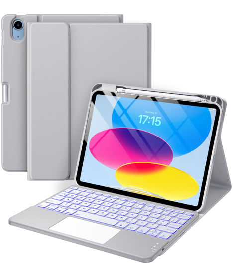Picture of Harvopu Compatible for iPad 10th Generation Case with Keyboard (10.9", 2022), Folio Keyboard Cover with Pencil Holder, Multi-Touch Trackpad, 7 Color Backlit, Detachable Keyboard for iPad 10 Gen (Gray)